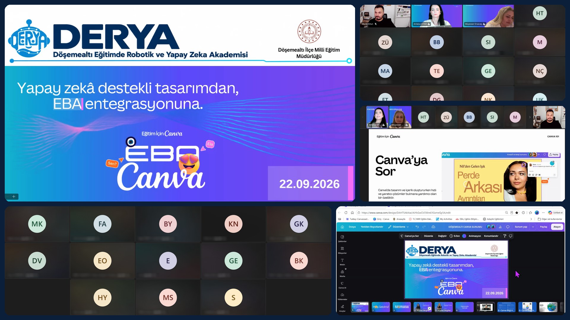 Canva ve EBA öğretmen eğitiminin ilk gününden çevrim içi oturum kareleri.